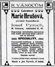 Firemní inzerce Marie Hrušové-Pyrochové v dobovém tisku. Zdroj: Ostravan, 1910