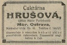 Firemní inzerce Marie Hrušové-Pyrochové v dobovém tisku. Zdroj: Stráž nad Bečvou, 1925