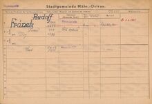 Karta domovské příslušnosti rodiny Rudolfa Fránka Zdroj: Archiv města Ostravy, fond Archiv města Moravská Ostrava, domovská kartotéka