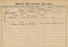 Karta domovské příslušnosti rodiny Karla Funiaka Zdroj: Archiv města Ostravy, fond Archiv města Moravská Ostrava, domovská kartotéka
