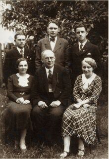 Učitelský sbor obecné školy v&nbsp;Nové Bělé (1934/1935). Rudolf Honč v&nbsp;horní řadě uprostřed. Sedící vlevo jeho manželka Božena Hončová. Zdroj: Roman Doležílek, Nová Bělá a&nbsp;Mitrovice v&nbsp;dobové fotografii, Ostrava 2010.