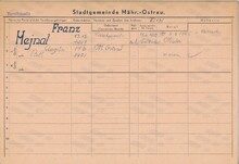 František Hejnal, domovská karta. Zdroj: Archiv města Ostravy, Archiv města Moravská Ostrava, domovská kartotéka