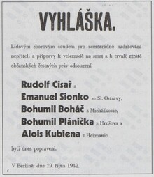 Vyhláška o&nbsp;popravě odbojářů, 1942. Zdroj: Archiv města Ostravy, Sbírka vyhlášek a&nbsp;plakátů