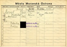 Karel Koval, domovská karta. Zdroj: Archiv města Ostravy,...