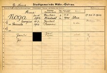 František Noga, domovská karta. Zdroj: Archiv města Ostravy, Archiv města Moravská Ostrava, domovská kartotéka