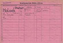 Otakar Holvek, domovská karta. Zdroj: Archiv města Ostravy, Archiv města Moravská Ostrava, domovská kartotéka