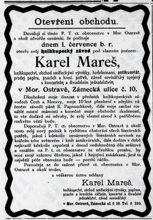 Inzerát nově otevřeného knihkupectví v&nbsp;Moravské Ostravě na Zámecké ulici. Zdroj: Ostravan 25.6.1905