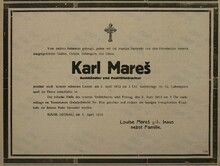 Smuteční oznámení Karel Mareš. Zdroj: Ostrauer Zeitung 4.4.1912
