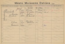 Josef Dušek, domovská karta. Zdroj: Archiv města Ostravy, Archiv města Moravská Ostrava, domovská kartotéka