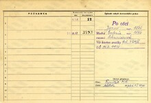 Stanislav Pauček, domovská karta, rub. Zdroj: Archiv města Ostravy, Archiv města Moravská Ostrava, domovská kartotéka