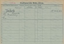 Michal Jašek, domovská karta. Zdroj: Archiv města Ostravy, Archiv města Moravská Ostrava, domovská kartotéka