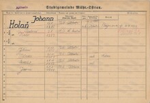 Jan Holaň, st., domovská karta. Zdroj: Archiv města Ostravy, Archiv města Moravská Ostrava, domovská kartotéka