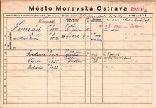 Karel Konrád, domovská karta. Zdroj: Archiv města Ostravy, Archiv města Moravská Ostrava, domovská kartotéka