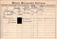 Jaroslav Kopečný, domovská karta. Zdroj: Archiv města Ostravy, Archiv města Moravská Ostrava, domovská kartotéka