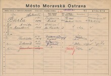 Antonín Bárta, domovská karta. Zdroj: Archiv města Ostravy, Archiv města Moravská Ostrava, domovská kartotéka