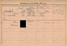 Josef Jureček, domovská karta. Zdroj: Archiv města Ostravy, Archiv města Moravská Ostrava, domovská kartotéka