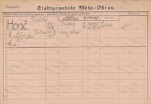 Karta domovské příslušnosti rodiny Rudolfa Honče Zdroj: Archiv města Ostravy, fond Archiv města Moravská Ostrava, domovská kartotéka
