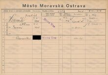 Karta domovské příslušnosti rodiny Františka Hurníka Zdroj: Archiv města Ostravy, fond Archiv města Moravská Ostrava, domovská kartotéka