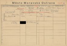 Karta domovské příslušnosti rodiny Karla Cenka Zdroj: Archiv města Ostravy, fond Archiv města Moravská Ostrava, domovská kartotéka