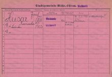 Karta domovské příslušnosti rodiny Josefa Husara Zdroj: Archiv města Ostravy, fond Archiv města Moravská Ostrava, domovská kartotéka