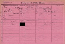 Alfons Glatz, domovská karta. Zdroj: Archiv města Ostravy, Archiv města Moravská Ostrava, domovská kartotéka