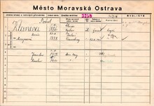Jaroslav Klanica, domovská karta otce. Zdroj: Archiv města Ostravy, Archiv města Moravská Ostrava, domovská kartotéka