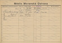 Emil Fackenberg, domovská karta. Zdroj: Archiv města Ostravy, Archiv města Moravská Ostrava, domovská kartotéka 