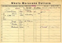 Vladimír Pavlán, domovská karta otce. Zdroj: Archiv města Ostravy, Archiv města Moravská Ostrava, domovská kartotéka