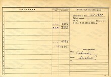 Vladimír Pavlán, domovská karta otce, rub. Zdroj: Archiv města Ostravy, Archiv města Moravská Ostrava, domovská kartotéka