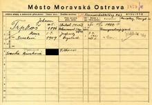 Jan Trpkoš, domovská karta. Zdroj: Archiv města Ostravy, Archiv města Moravská Ostrava, domovská kartotéka
