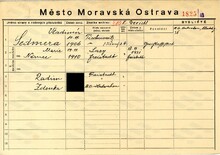 Vladimír Sedmera, domovská karta. Zdroj: Archiv města Ostravy, Archiv města Moravská Ostrava, domovská kartotéka