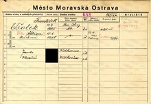 František Všolek, domovská karta. Zdroj: Archiv města Ostravy, Archiv města Moravská Ostrava, domovská kartotéka