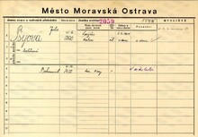 Bohumil Pšeja, domovská karta matky. Zdroj: Archiv města Ostravy, Archiv města Moravská Ostrava, domovská kartotéka