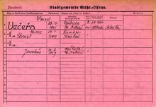 Jaroslav Večeřa, domovská karta otce. Zdroj: Archiv města Ostravy, Archiv města Moravská Ostrava, domovská kartotéka