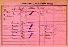 Václav Staněk, domovská karta otce, rub. Zdroj: Archiv města Ostravy, Archiv města Moravská Ostrava, domovská kartotéka