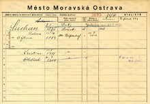 Oldřich Suchan, domovská karta otce. Zdroj: Archiv města Ostravy, Archiv města Moravská Ostrava, domovská kartotéka