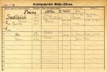 František Sedláček, domovská karta. Zdroj: Archiv města Ostravy, Archiv města Moravská Ostrava, domovská kartotéka