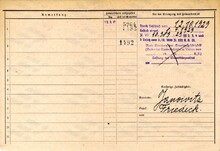 Karel Škapa, domovská karta, rub. Zdroj: Archiv města Ostravy, Archiv města Moravská Ostrava, domovská kartotéka