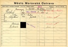 Ferdinand Tichý, domovská karta. Zdroj: Archiv města Ostravy, Archiv města Moravská Ostrava, domovská kartotéka