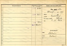 Ferdinand Tichý, domovská karta, rub. Zdroj: Archiv města Ostravy, Archiv města Moravská Ostrava, domovská kartotéka