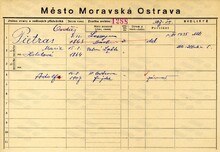 Adolf Pietras, domovská karta otce. Zdroj: Archiv města Ostravy, Archiv města Moravská Ostrava, domovská kartotéka