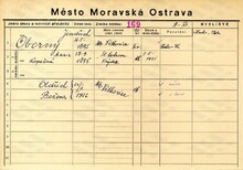 Oldřich Oborný, domovská karta otce. Zdroj: Archiv města Ostravy, Archiv města Moravská Ostrava, domovská kartotéka