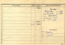 Oldřich Oborný, domovská karta otce, rub. Zdroj: Archiv města Ostravy, Archiv města Moravská Ostrava, domovská kartotéka