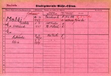 Alois Matěj, domovská karta otce. Zdroj: Archiv města Ostravy, Archiv města Moravská Ostrava, domovská kartotéka