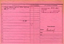 Alois Matěj, domovská karta otce, rub. Zdroj: Archiv města Ostravy, Archiv města Moravská Ostrava, domovská kartotéka