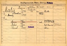 Václav Matěj, domovská karta otce. Zdroj: Zdroj: Archiv města Ostravy, Archiv města Moravská Ostrava, domovská kartotéka