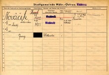 Karel Nováček, domovská karta. Zdroj: Archiv města Ostravy, Archiv města Moravská Ostrava, domovská kartotéka