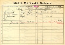 Alois Lošák, domovská karta. Zdroj: Archiv města Ostravy, Archiv města Moravská Ostrava, domovská kartotéka