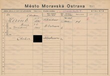 Otakar Herink, domovská karta. Zdroj: Archiv města Ostravy, Archiv města Moravská Ostrava, domovská kartotéka