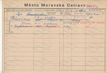 František Březina, domovská karta. Zdroj: Archiv města Ostravy, Archiv města Moravská Ostrava, domovská kartotéka